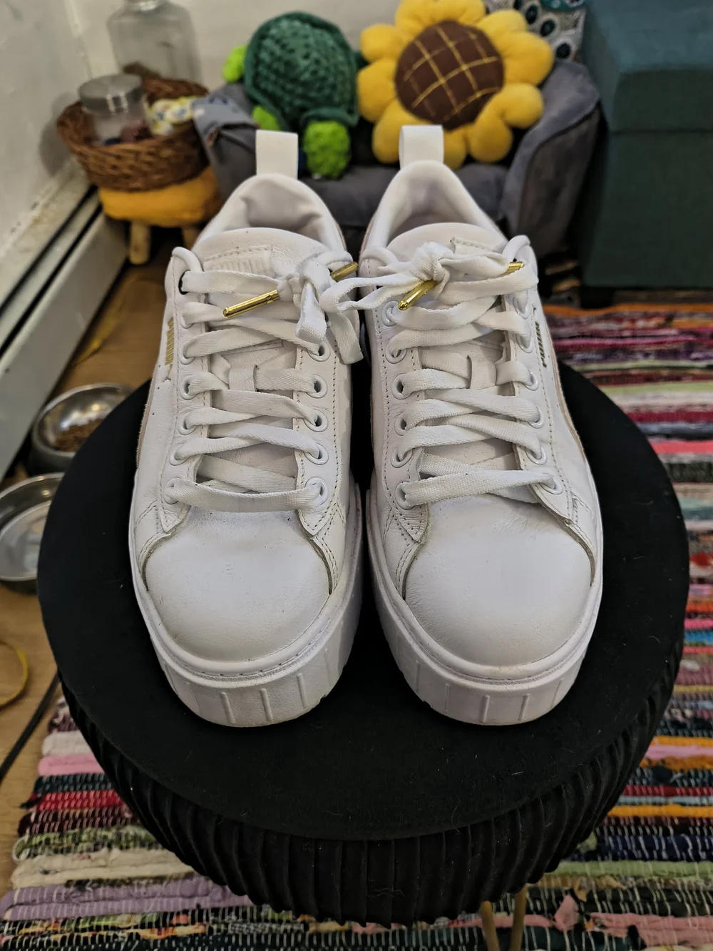 Puma Women’s White Platform Sneakers with Gold Accent